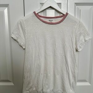 Madewell White Tee with Red and Blue Striped Collar